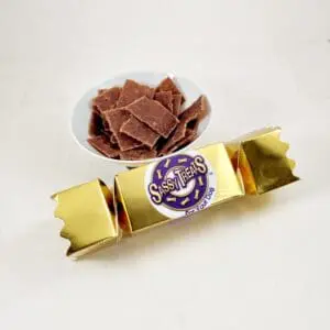 A gold cracker and bowl of chocolate chips.