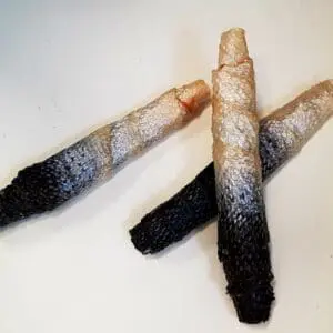 Three sticks of food are sitting on a table.